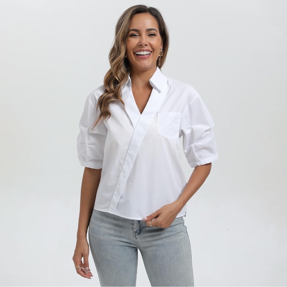 White Puff-Sleeve V-Neck Blouse